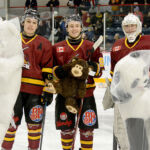 THOMAS PERRY/THE DAILY PRESS
From left, Timmins Rock players Josh Dickson, captain Derek Seguin and goalie Tyler Masternak help collect Teddy bears after teammate Phil Caron’s first of three goals on the afternoon signalled the start of the Rock’s annual Teddy Bear Toss at the McIntyre Arena. The 953 fans in attendance littered the ice surface with stuffed animals after Caron’s goal just 1:49 into the contest. The Rock went on to defeat the Lumberjacks 9-4.